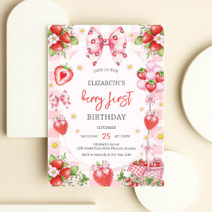 Berry First Pink Bow Strawberry Birthday Invitation