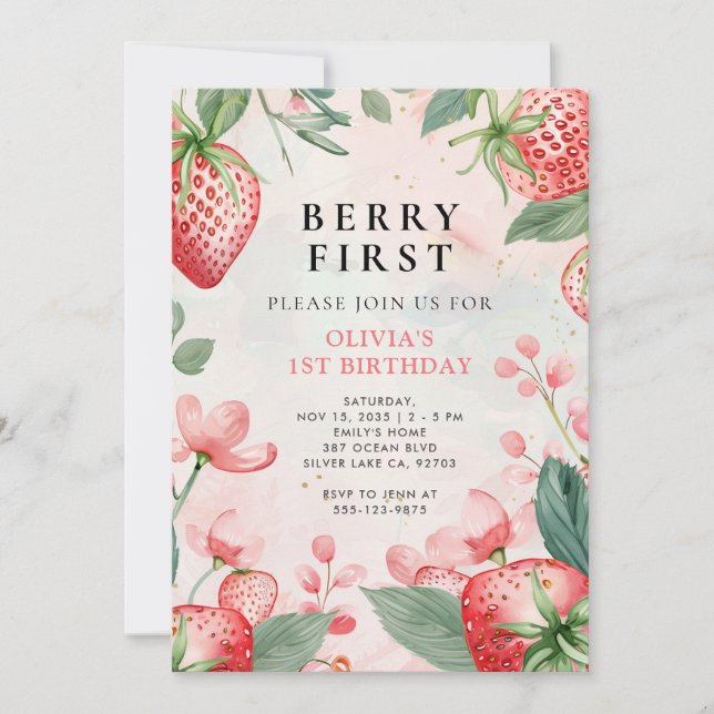 Berry First Pink Floral 1st Birthday Invitation (Front)