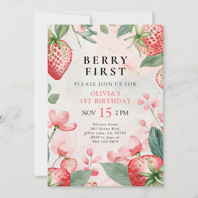 Berry First Pink Floral 1st Birthday Invitation (Front)