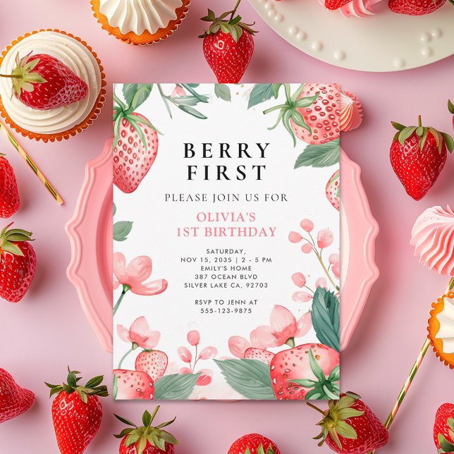 Berry First Pink Floral 1st Birthday Invitation (Creator Uploaded)