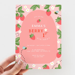 Berry First Pink Strawberry Bees Birthday Party Invitation
