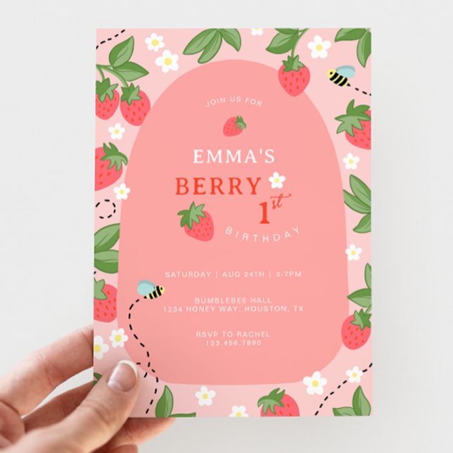 Berry First Pink Strawberry Bees Birthday Party Invitation (Creator Uploaded)