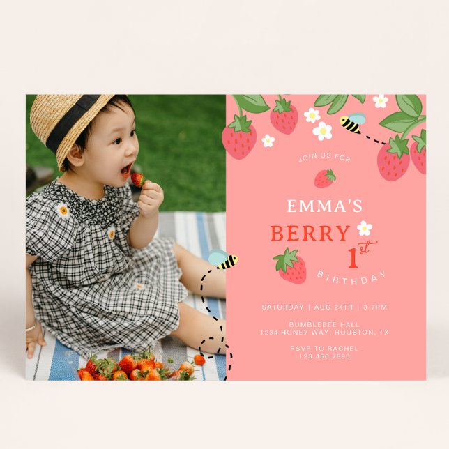 Berry First Pink Strawberry Bees Birthday Party Invitation (Creator Uploaded)