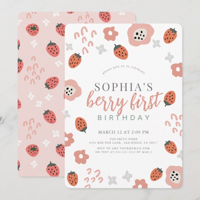 Berry First Pink Strawberry Girl 1st Birthday Invitation (Front/Back)