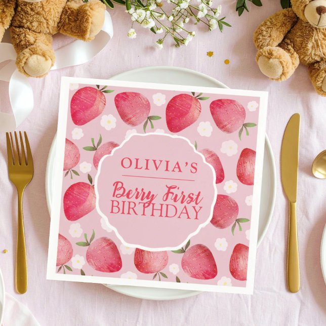 Berry First Red Strawberry Birthday Napkin (Creator Uploaded)