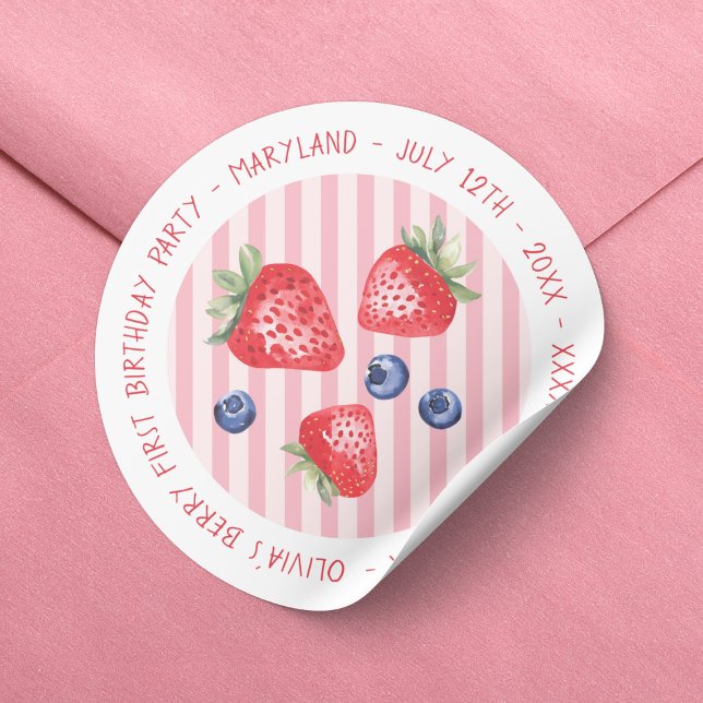 Berry First Strawberries Girl 1st Birthday Party Classic Round Sticker (Strawberries Baby Girl Berry First 1st Birthday Party Classic Round Sticker)