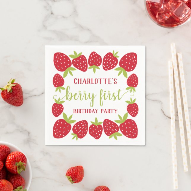  Berry First Strawberry 1st Birthday Party Custom Napkin (Insitu)