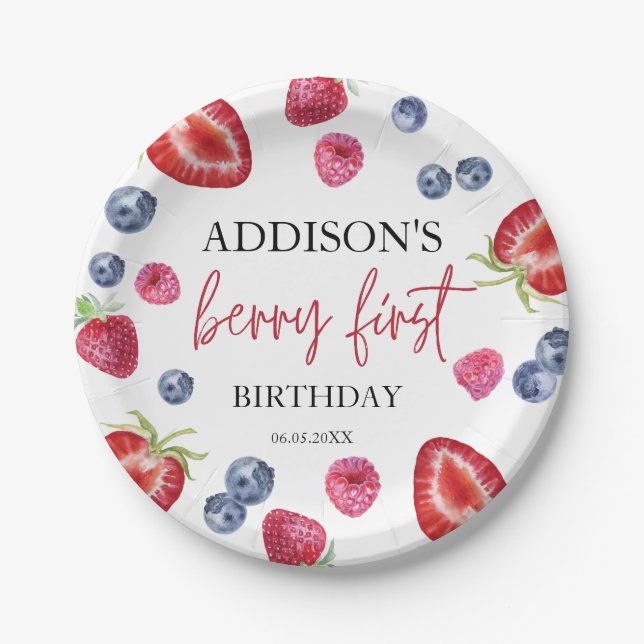 Berry First Strawberry 1st Birthday Party Custom Paper Plate (Front)