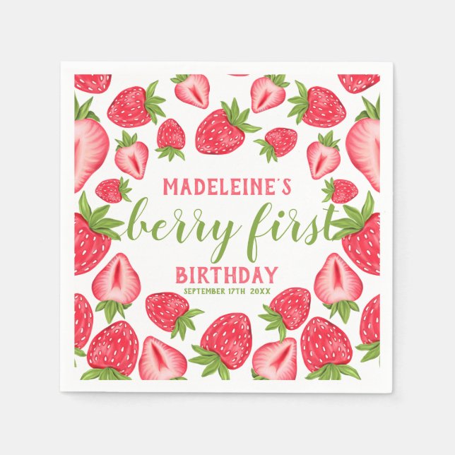 Berry First Strawberry 1st Birthday Personalised Napkin (Front)