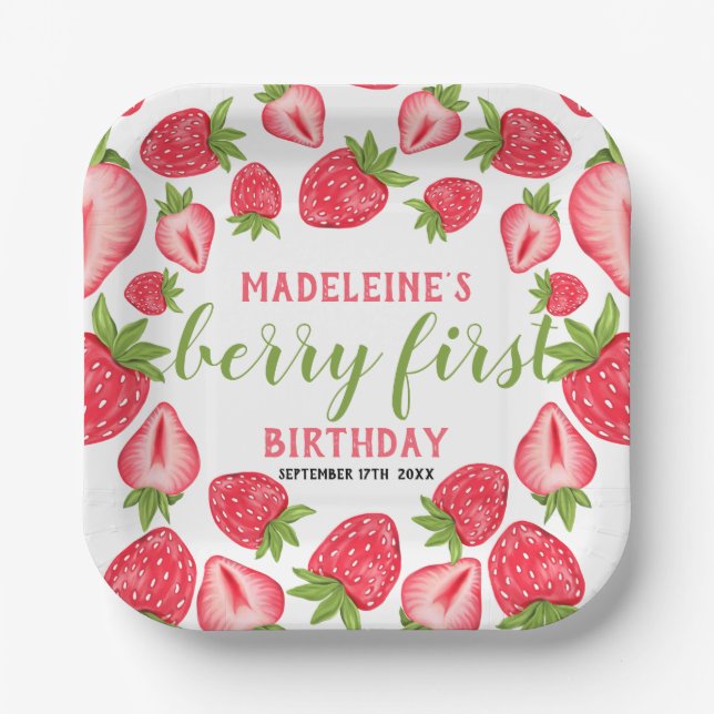 Berry First Strawberry 1st Birthday Personalised Paper Plate (Front)