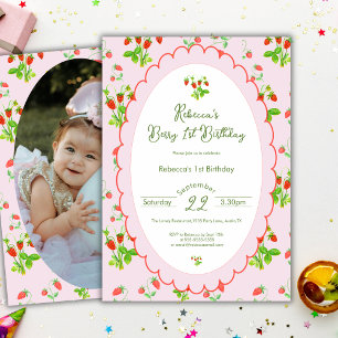 Berry First Strawberry 1st Birthday Photo Invitation
