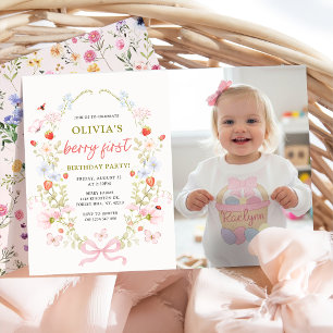 Berry First Strawberry 1st Birthday Photo Invitation