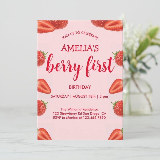 Berry First | Strawberry 1st Birthday pink Invitation (Standing Front)