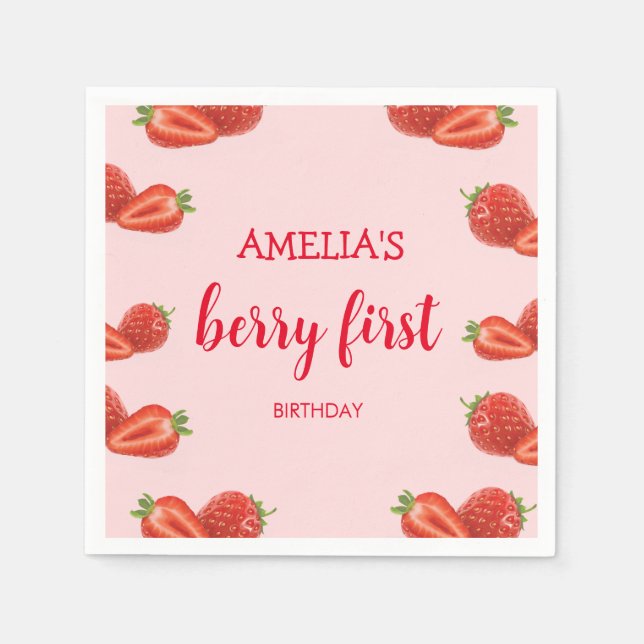 Berry First | Strawberry 1st Birthday pink Napkin (Front)