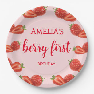 Berry First Strawberry 1st Birthday pink Paper Plate