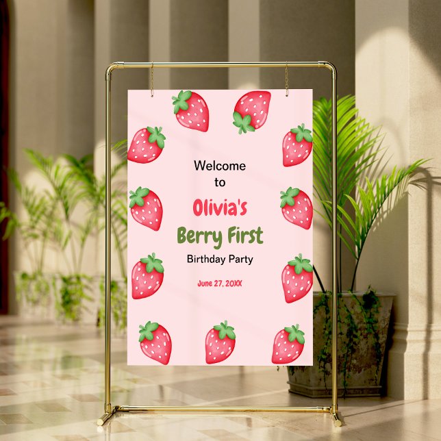 Berry First Strawberry 1st Birthday Welcome Poster (Berry First Strawberry 1st Birthday Welcome Sign )