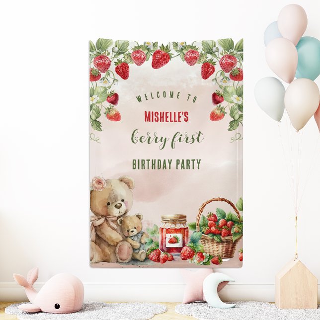 Berry First Strawberry and Bear Birthday Banner (Creator Uploaded)
