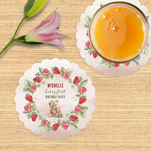 Berry First Strawberry and Bear Birthday Paper Coaster