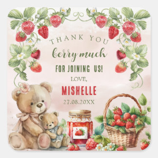 Berry First Strawberry and Bear Birthday Square Sticker