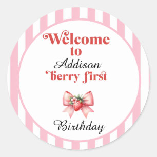 Berry First Strawberry and bow Birthday  Classic Round Sticker