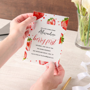  Berry First Strawberry Birthday Invitation, Red Vellum Invitations