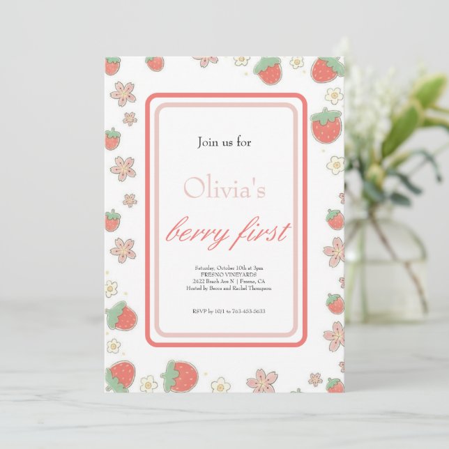 Berry First Strawberry Birthday Party Invitation (Standing Front)