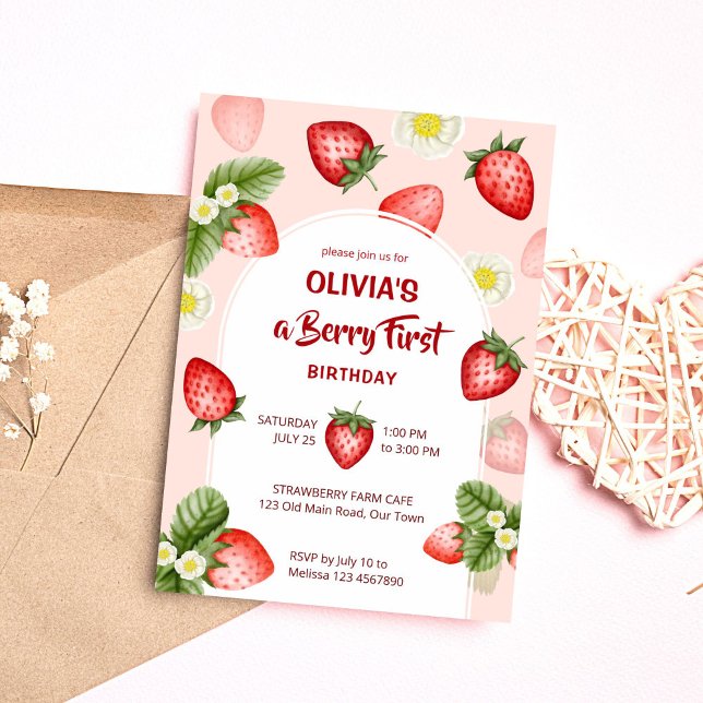 Berry first strawberry birthday party template (Berry first whimsical cute strawberry birthday party invitation editable template instant download )