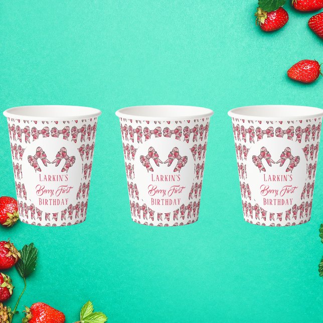 Berry First Strawberry birthday Pink Bow Paper Cups (Creator Uploaded)