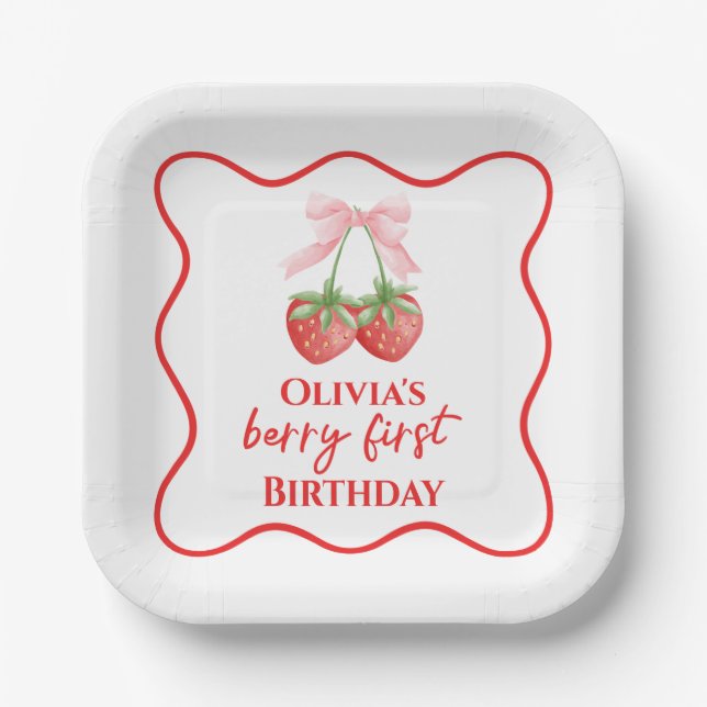Berry first strawberry birthday Pink Bow Paper Plate (Front)
