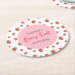 Berry First Strawberry Birthday Round Paper Coaster