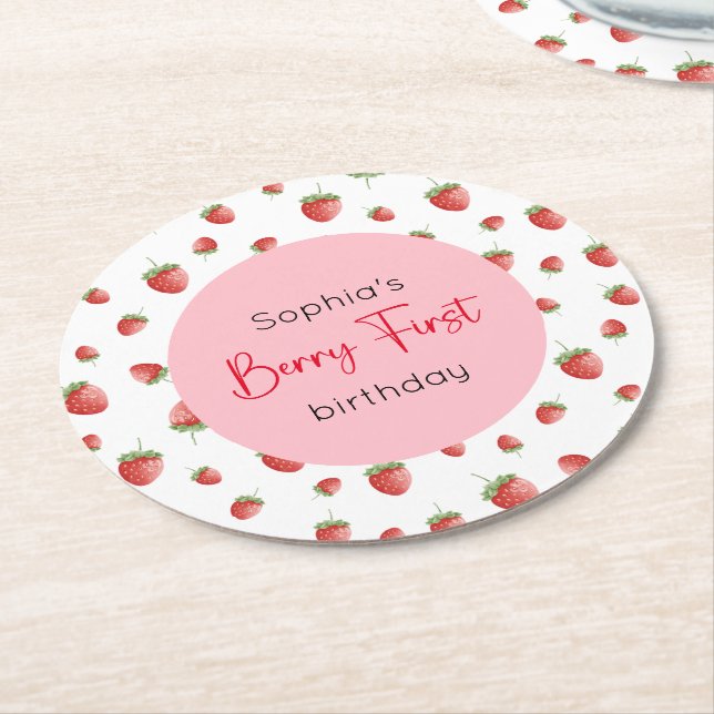 Berry First Strawberry Birthday Round Paper Coaster (Angled)