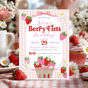 Berry First Strawberry Bow Girl 1st Birthday Party Invitation
