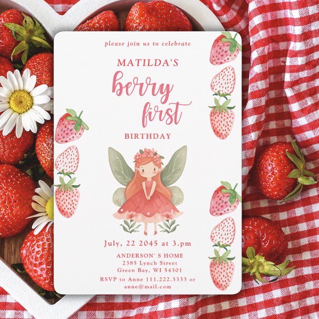 Berry First Strawberry Fairy 1st Birthday Party Invitation (Creator Uploaded)