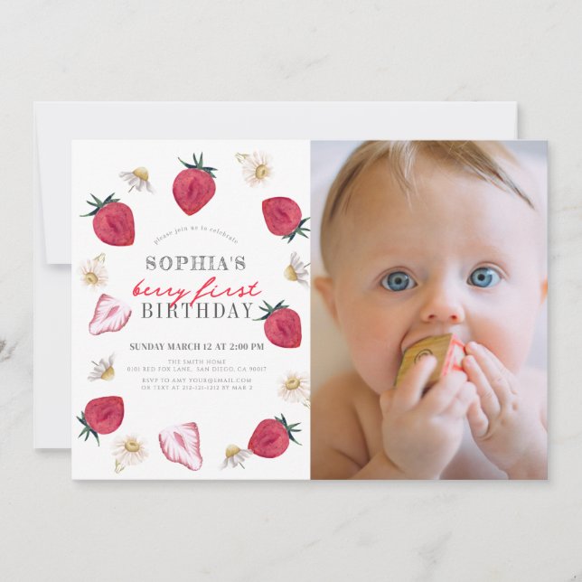 Berry First Strawberry Floral 1st Birthday Photo Invitation (Front)