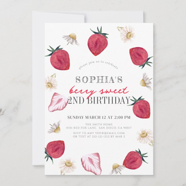 Berry First Strawberry Floral Girl Birthday Invitation (Front)