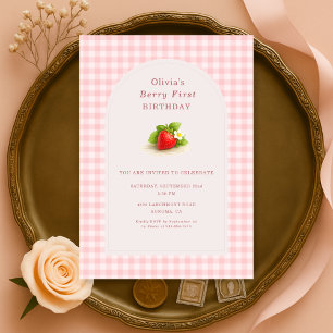 Berry First Strawberry Gingham 1st Birthday Invitation