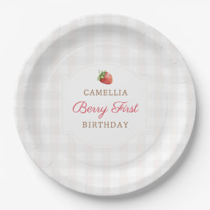 Berry First Strawberry Gingham Birthday Party Paper Plate
