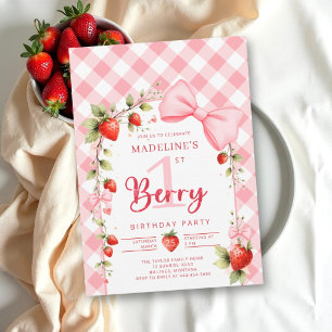 Berry First Strawberry Gingham Bow 1st Birthday Invitation