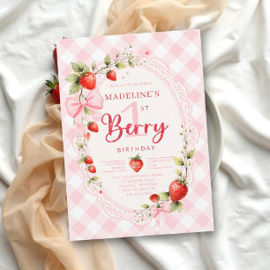 Berry First Strawberry Gingham Lace 1st Birthday Invitation