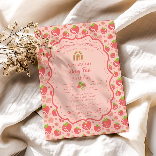 Berry First Strawberry Girl 1st Birthday Party Invitation (Creator Uploaded)