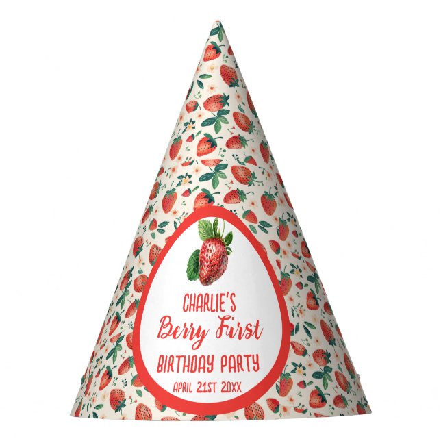 Berry First Strawberry Girl 1st Birthday Party Party Hat (Front)