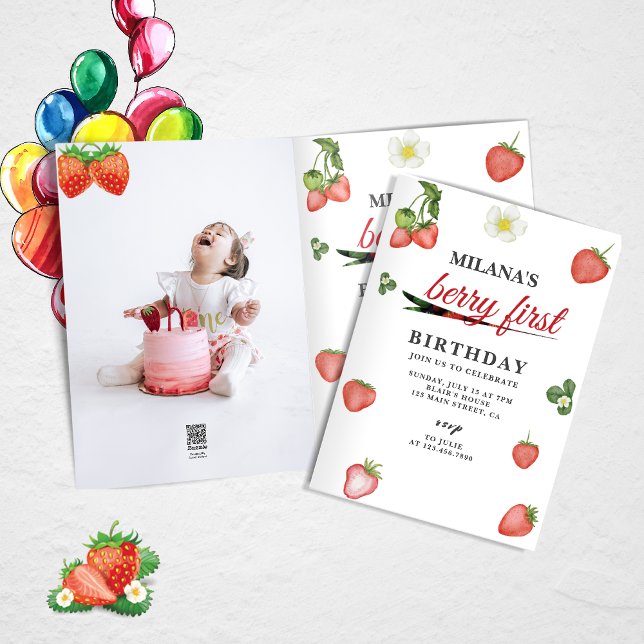 Berry First Strawberry Girl 1st Birthday Photo Invitation (Berry first strawberry birthday card)