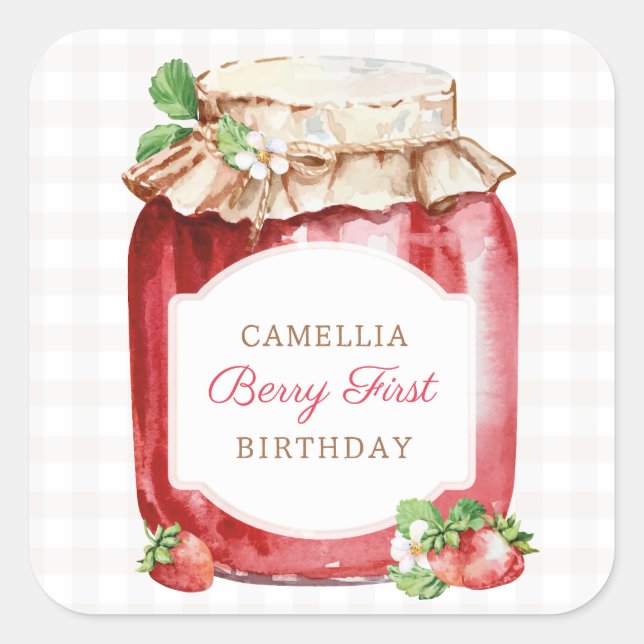 Berry First Strawberry Jam 1st Birthday Party Square Sticker (Front)