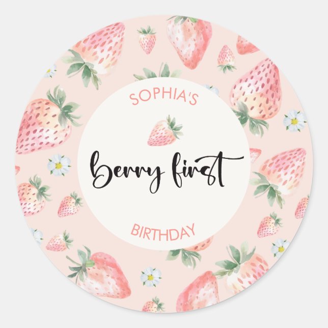 Berry first strawberry kids birthday classic round sticker (Front)