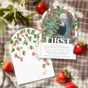 Berry First Strawberry Photo 1st Birthday Party Invitation
