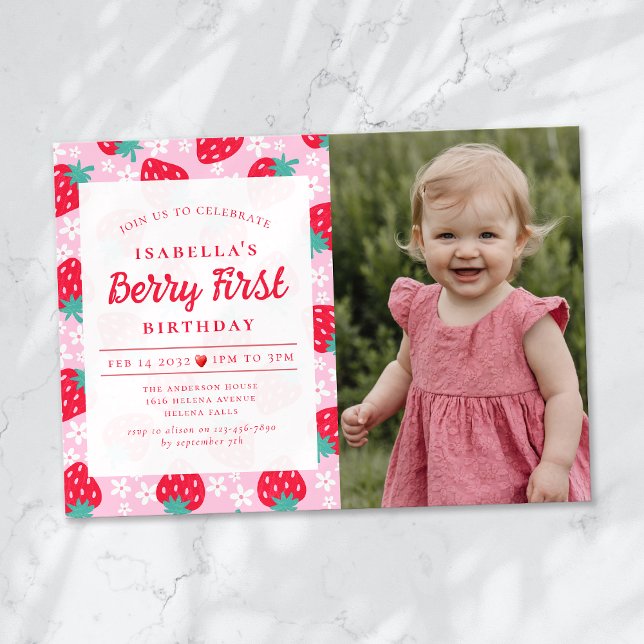 Berry First Strawberry Photo 1st Birthday Party Invitation (Creator Uploaded)