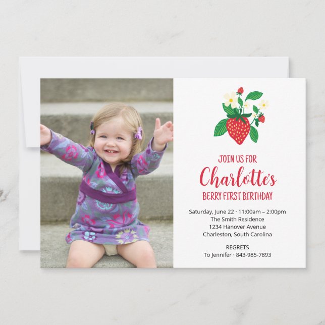 Berry First Strawberry Photo Birthday Invitation (Front)