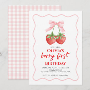 Berry First Strawberry Pink Bow 1st birthday Invitation