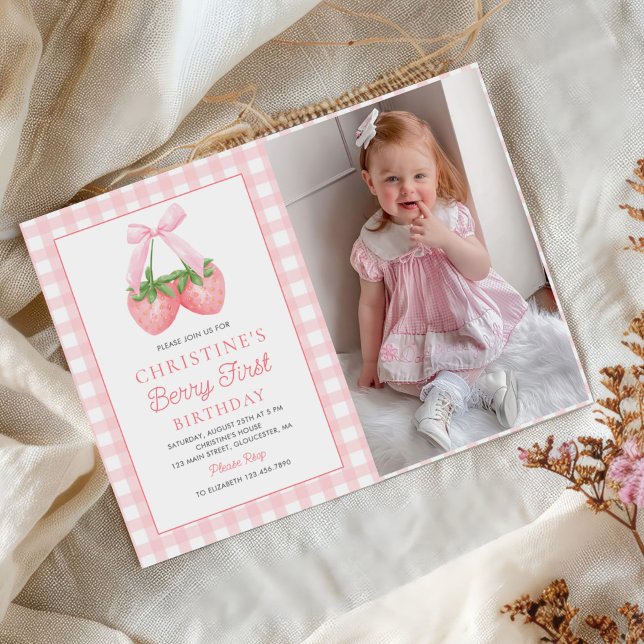 Berry First Strawberry Pink Bow 1st Birthday Photo Invitation (Creator Uploaded)