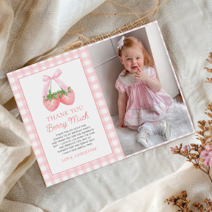 Berry First Strawberry Pink Bow 1st Birthday Photo Thank You Card
